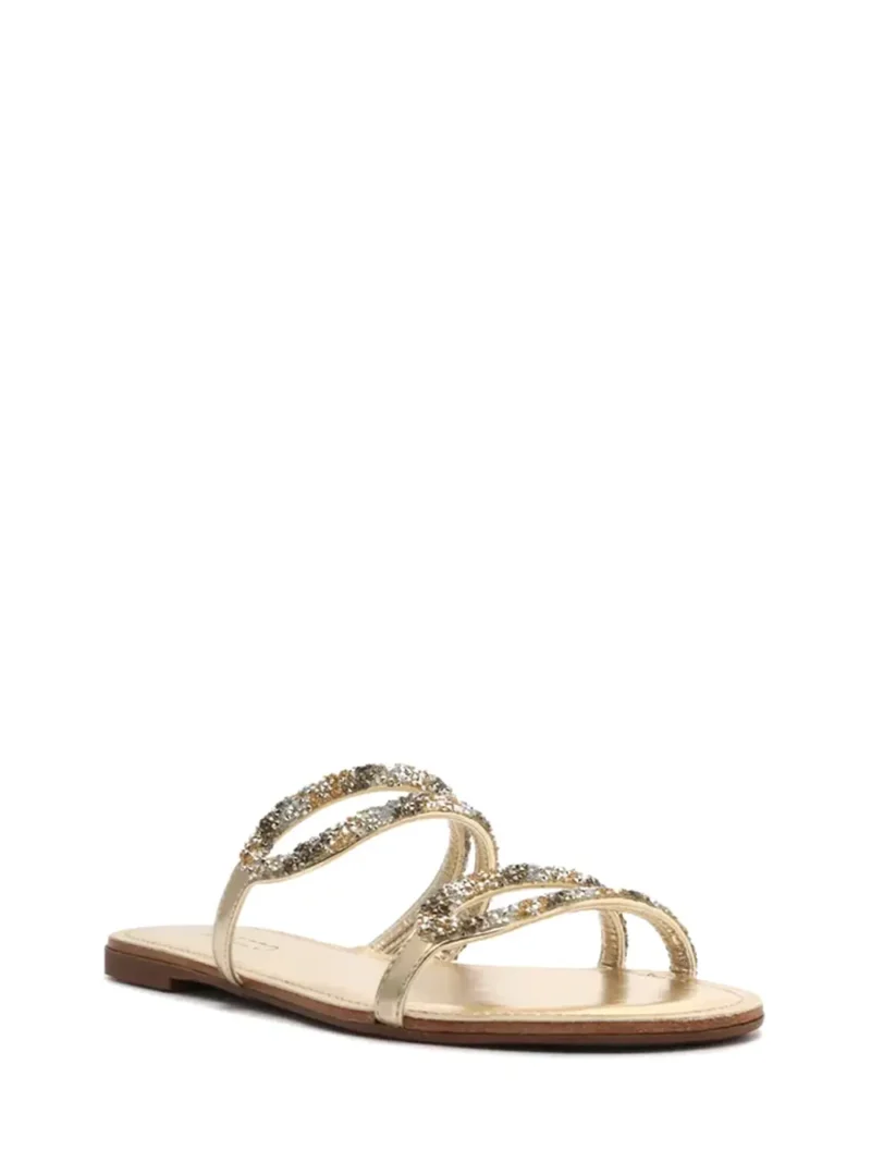 Alternative view of Sandália Rasa em Pele Dourada com Múltiplas Tiras e Aplicação de Cristais