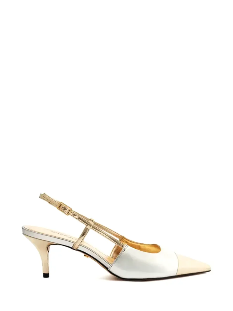 Silver Leather Pumps with Gold Toe Cap