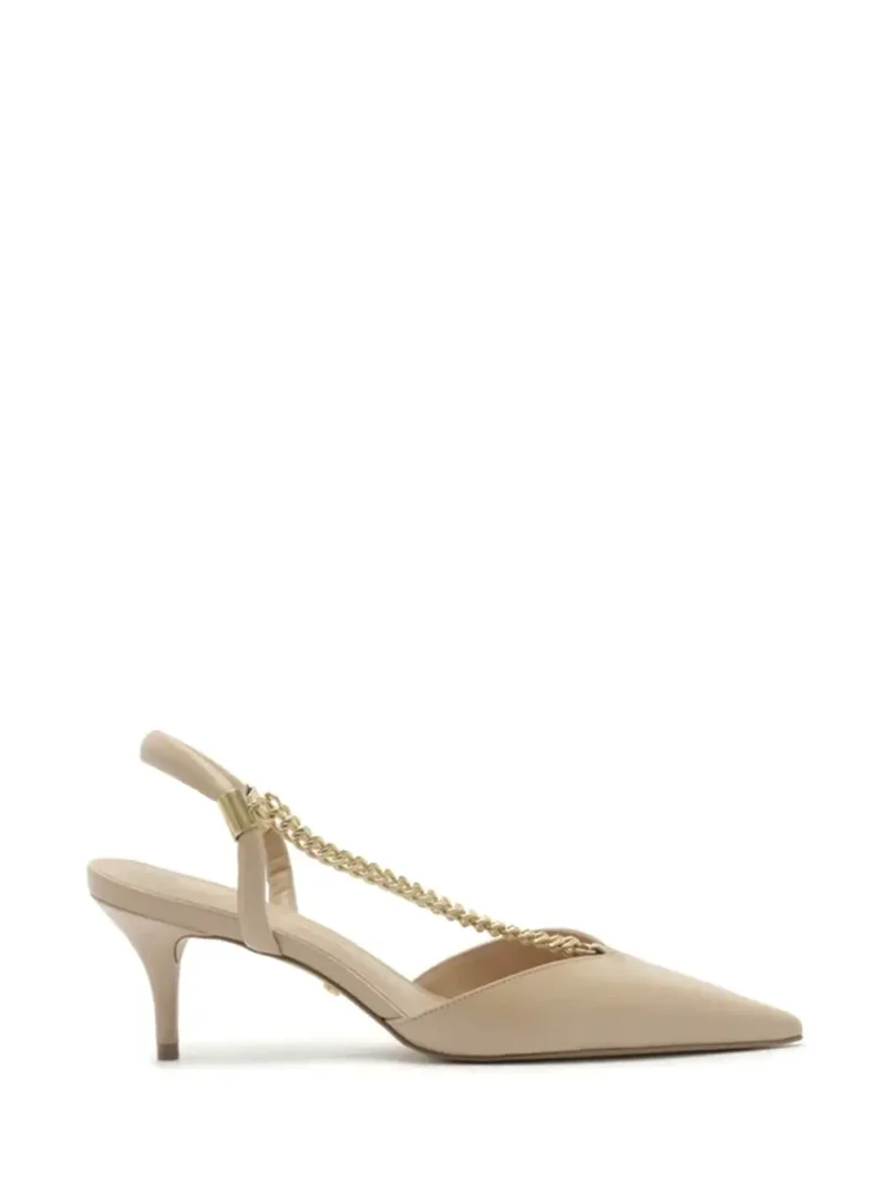 Scarpin em Pele Beige e Corrente Dourada