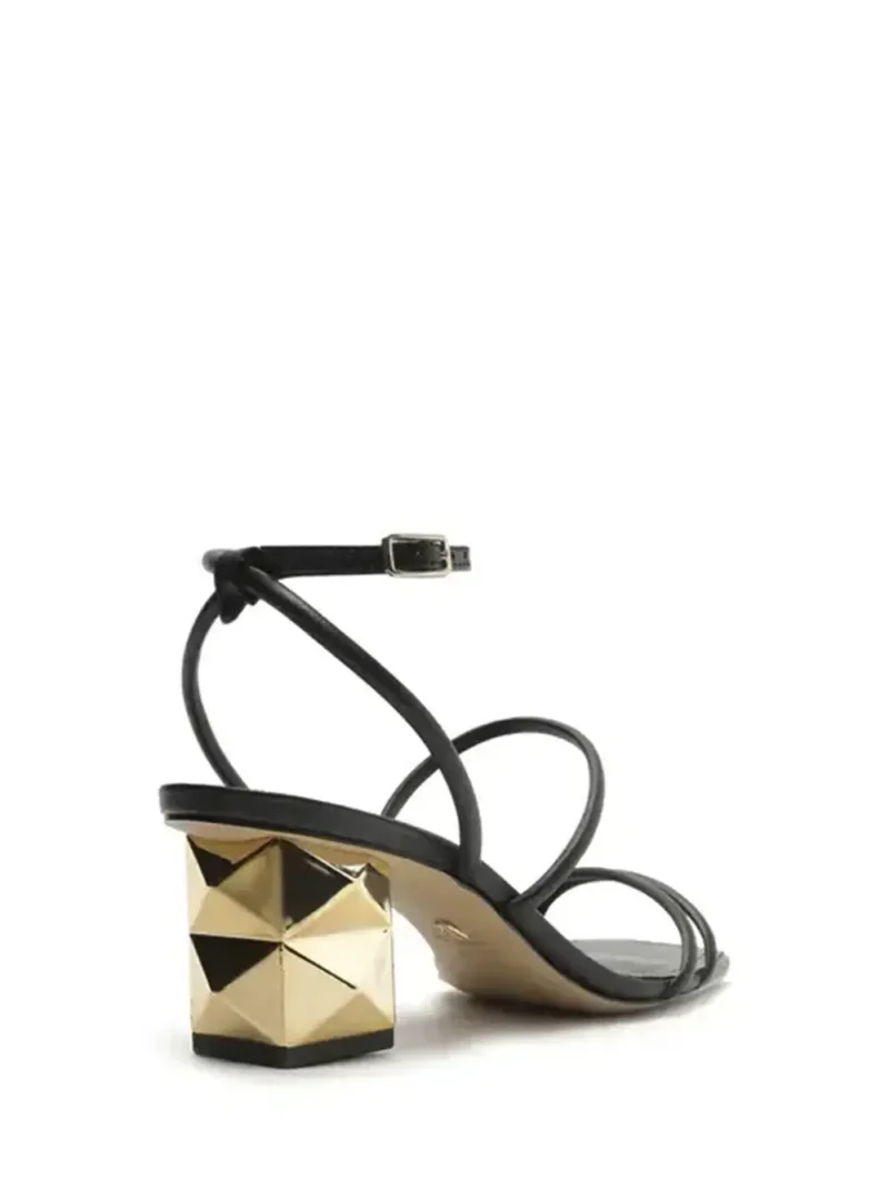 Black Leather Sandals with Gold Geometric Heels - Image 3