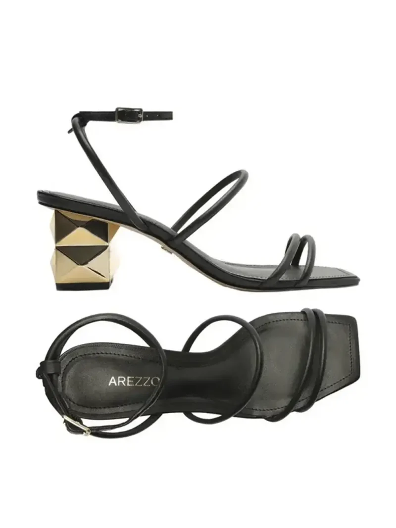 Black Leather Sandals with Gold Geometric Heels - Image 4