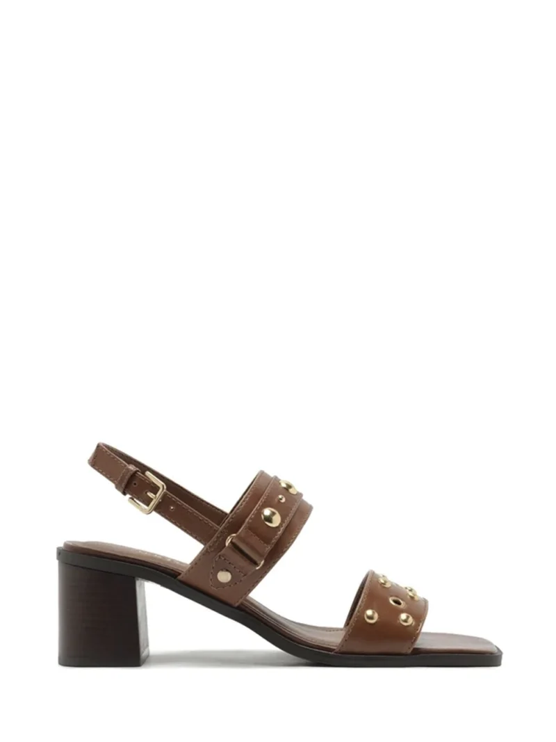 Sandália em Pele Castanha Salto Bloco Metais - 40